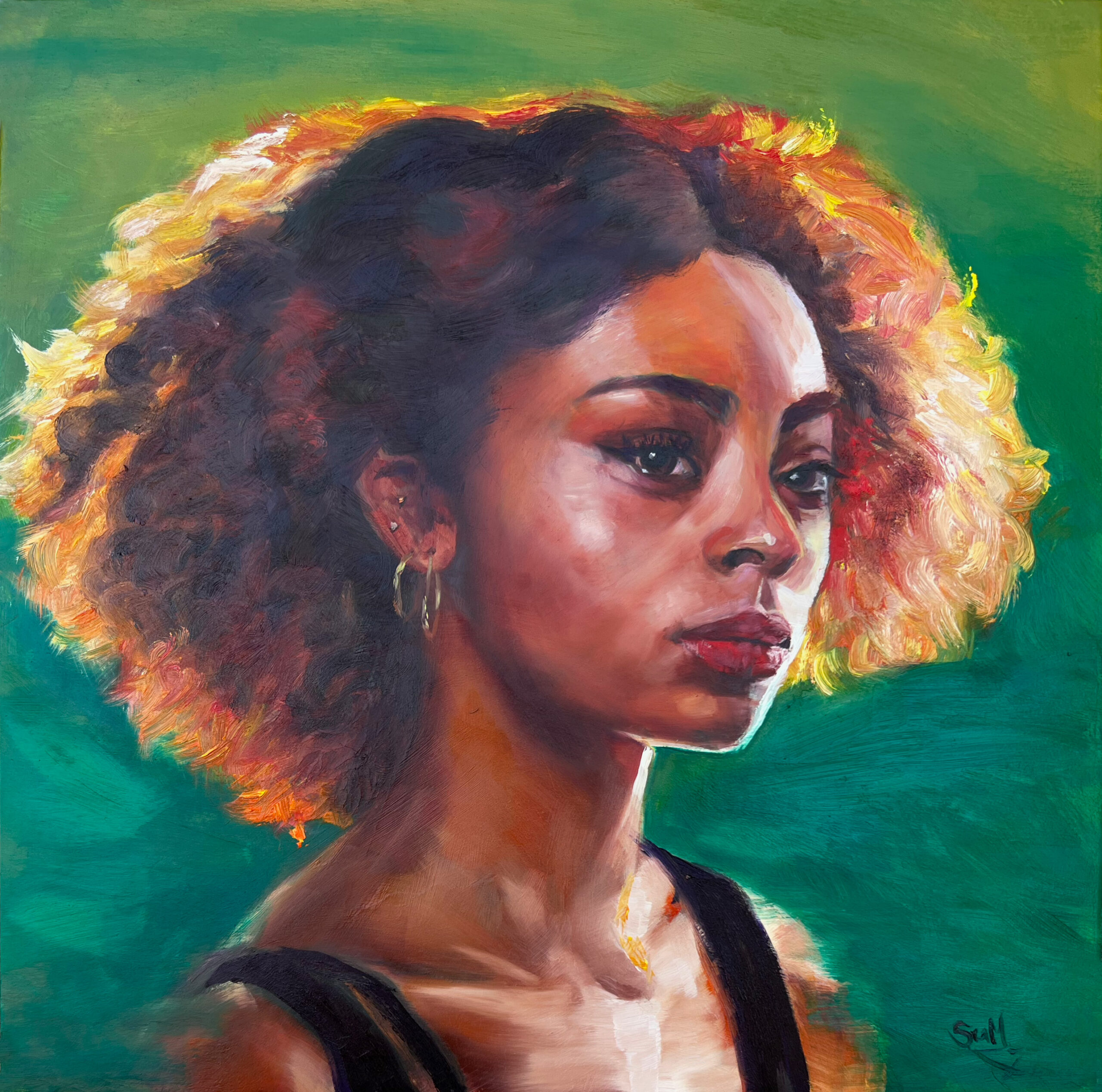 Contempt portrait of a young woman in oils